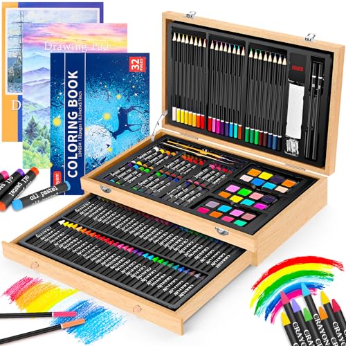 iBayam Art Supplies, 150-Pack Deluxe Wooden Art Set Crafts Drawing Painting Kit with 1 Coloring Book, 2 Sketch Pads, Creative Gift Box for Adults Artist Beginners Kids Girls Boys - color: Natural