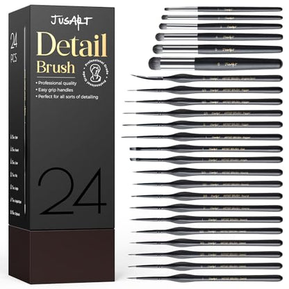 JusArt 24-Piece Detail Paint Brush Set, Miniature Paint Brushes for Models, Acrylic Oil Watercolor, Professional Fine Detail Brushes for Adults & Miniature Painters