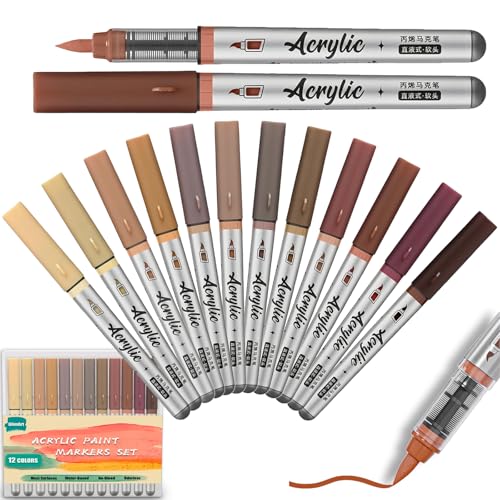 Brown Acrylic Paint Markers Pens 12 Color Creative Marker Set with Soft Brush Tip Blendable, Water-Based Formula for Paper, Wood, Ceramic, Glass, Rock, Canvas, Metal, Ideal for DIY Crafts - color: Brown