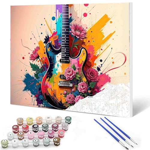 DIY Paint by Numbers,Flowers Guitar,Colorful Canvas Oil Painting Kit for Kids & Adults, 16X20 inches Drawing Paintwork Acrylic Pigment,for Home Living Room Decorative Painting Without Frame - color: Music-01, size: 16''x20''(Frameless)