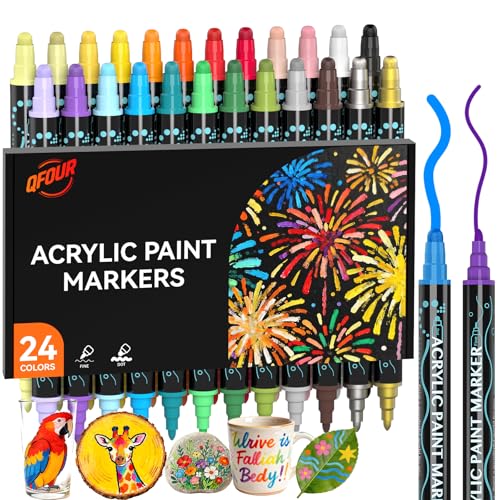 24 Colors Acrylic Markers Set, Dual Tip Acrylic Paint Markers with Fine & Dot Tips for Rock Painting, Wood, Canvas, Glass, Ceramic, Metal, DIY Crafts, With Sketchbook - color: 24 Colors(Dot+Fine Tip)