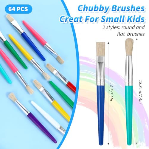 64 PCS Paint Brushes Kids Sets, Toddler Paint Brushes Colorful Washable Round and Flat Kids Brush for Daycare School Classroom Halloween Easter Egg, Face Painting, Acrylic, Oil or Watercolor