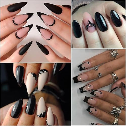 Nail Art Pearls with Rhinestones Glue Gel Flatback Pearls Nail Charms Luxurious Nails Supplies Accessories Gold Silver Gems Jewelry Pearl for Women Nails Design(Black) - color: Colorful-04