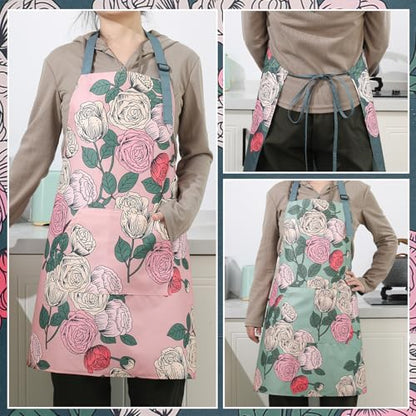 3 Pack Floral Aprons for Women with 2 Pockets, Mother's Day Women Apron Waterproof Adjustable Cooking Aprons for Kitchen, Gardening, Baking, Salon Apron Gift for Mom Wife Sister Grandma