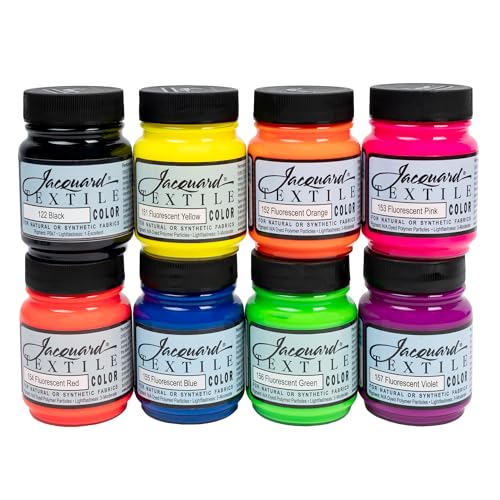 Jacquard Textile 8 Color Fluorescent Colors Set - Permanent Fabric Paint for Clothes, Furniture Upholstery, Shoes or Tote Bags – Indoor & Outdoor Fabric Paint Set – 2.25 Oz Jars, Upholstery Fabric paint - color: Fluorescent 8 Color Set, size: 0.28 Fl Oz (