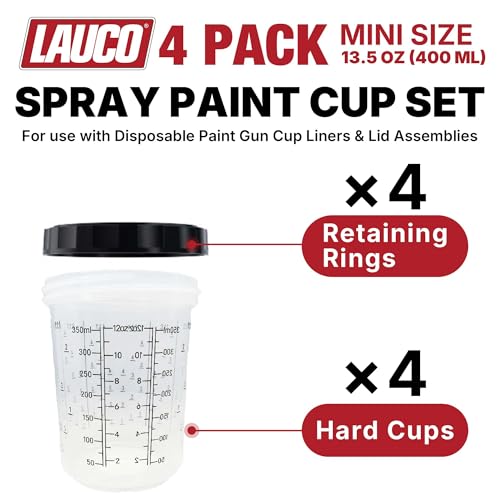 LAUCO 4 Pack Paint Spray Gun Hard Cup Set, 400ML (13.5 Oz) Reusable Mixing Cups with Retainer Rings, Compatible with Disposable Paint Cup Liner and Lid Systems for Automotive Paint, Primer, Clear Coat - size: 400ML