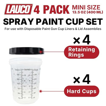 LAUCO 4 Pack Paint Spray Gun Hard Cup Set, 400ML (13.5 Oz) Reusable Mixing Cups with Retainer Rings, Compatible with Disposable Paint Cup Liner and Lid Systems for Automotive Paint, Primer, Clear Coat - size: 400ML