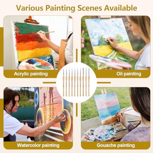 10 pcs Miniature Detail Paint Brushes Set - Precision Round & Filbert Brushes for Miniature, Model Painting, Watercolor & Figurines - Fine Tip Artist Brush Kit with Ergonomic Handle (Wood)