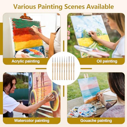 10 pcs Miniature Detail Paint Brushes Set - Precision Round & Filbert Brushes for Miniature, Model Painting, Watercolor & Figurines - Fine Tip Artist Brush Kit with Ergonomic Handle (Wood)
