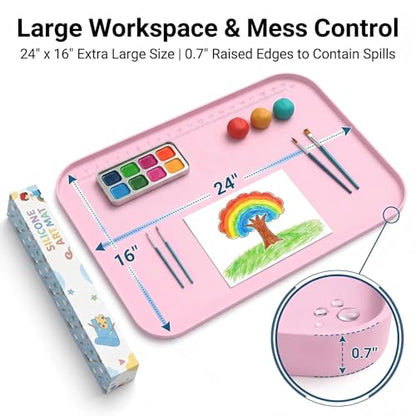 AWOKE 24"x16" Silicone Mats for Crafts with 0.7" High Edges, Large Leak-Proof Art Mat for Playdoh, Resin, Painting, Clay, Slime,Beads, Lego, Puzzle, Non-Stick & Non-Slip Kids Placemats, Pink - color: Pink