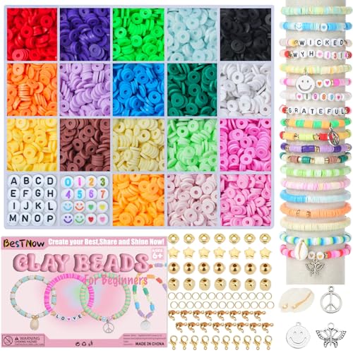 BestNow Clay Beads Bracelet Making Kit Toys for Girls Kids Charms Kit 18 Colors Friendship Bracelet Kit Letter Beads DIY Crafts Teen Girl Gifts Toys for Ages 6 7 8 9 10 11 12 - color: 18 Fashion Colors