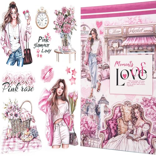 YagCu Journal Sticker Book, Moment of Love Scrapbook Stickers, Junk Journal Supplies, Pre-Cut Aesthetic Scrapbooking and Journaling for Women, Pink Decorative Ephemera Bullet Planner DIY Arts - color: Moment of Love