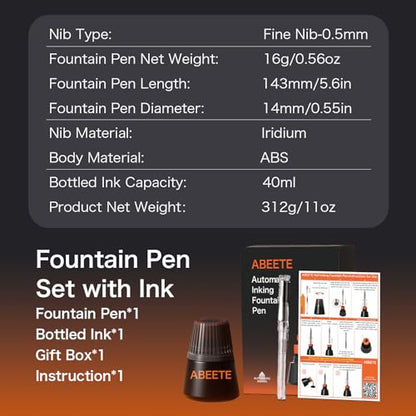 Self-Inking Fountain Pen Set, Auto Ink Refill No Cartridges or Converter Needed, Includes Black Bottled Ink, Clear Barrel, Chrome Trim, Fine Nib-Smooth Writing, Journaling, Calligraphy