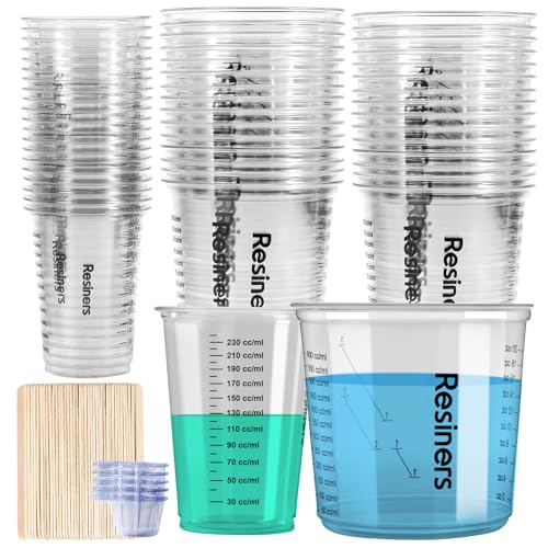 Epoxy Measuring Cups, Resiners 50pcs Resin Mixing Cups for Epoxy Resin, Paint, Crafts Use, with 30 x 24oz & 20 x 8oz Dual Sizes, 50 Mixing Cups, 50 Wooden Sticks, Clear Plastic