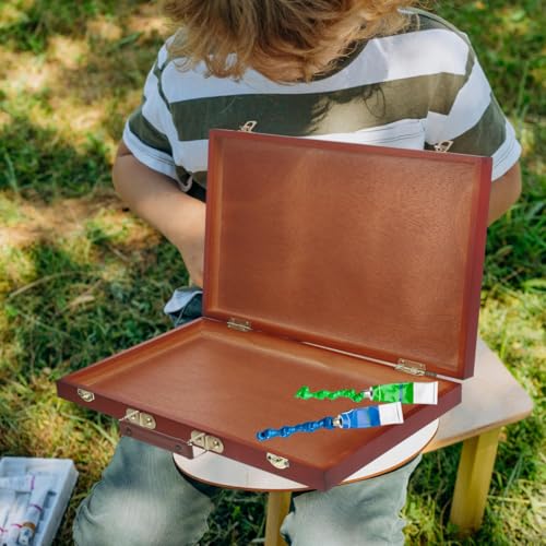 TEHAUX Wooden Painting Box Hand-Held Art Storage Case Portable Drawing Tool Organizer 14.56X9.05X1.77 Inches for Outdoor Artists and Students