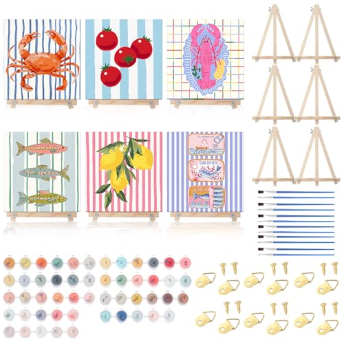 YooNotee 6 Pack Vintage Fruit Paint by Numbers Kit on Canvas with Wooden Easels & Brushes, 8 x 8 Inch Boho Kitchen Adult Paint by Number Kits on Canvas, DIY Acrylic Watercolor Oil - style: Fish