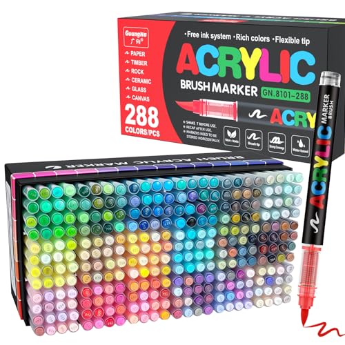 Guangna 288 Acrylic Paint Markers, Brush Tip Acrylic Paint Pens, Quick-Drying Waterproof Ink, for Rock Painting Plastic Wood Canvas Glass Ceramic Metal Art Crafts Supplies Gift - color: 288 Colors