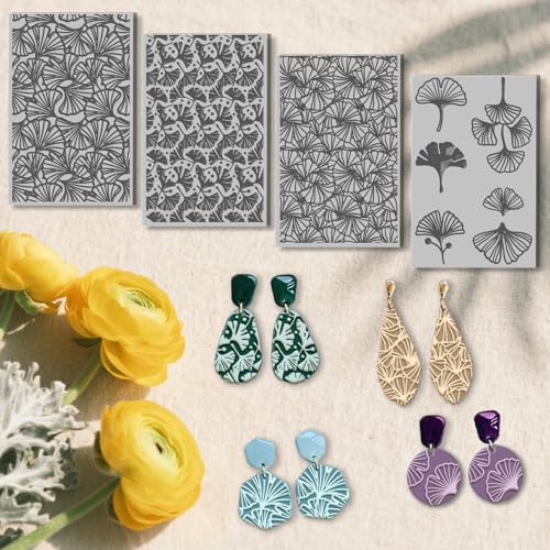 4 Sheets Ginkgo Leaves Clay Texture Mat Plants Polymer Clay Texture Sheets DIY Tools for Pottery Earring Jewelry Making Stamp Engraving Machines, 3.9x2.6inch - style: Ginkgo Leaves