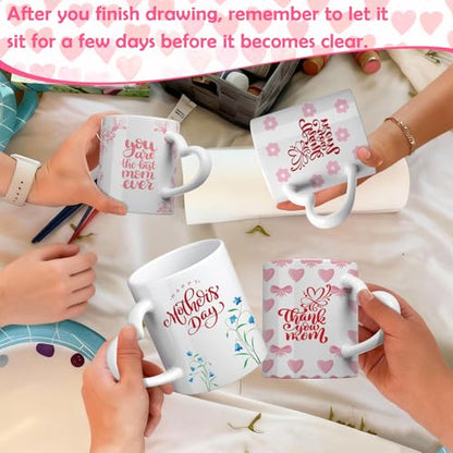 Potchen 4 Sets Paint Your Own Mug Painting Kits, Pastel Ceramic Mugs with Heart Handle Flower Cute Y2k Painting Mug Kit Activities Includes 4 Cups 8 Brushes 4 Palettes 2 Outlines Pen and 12 Markers