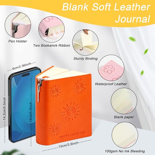 Thick Blank Journal Notebook 400 page With Pen Holder 100gsm Thick Blank Paper，A6 Unlined Plain Sketchbook ， Small Soft Leather Unlined Pocket Blank Notebook For Women Drawing Book Memo Writing Sketch Travel Diary 3.9 × 5.5 (Happy Every Day) - color: Oran