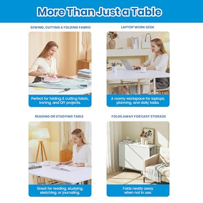 Sew Ready Folding Sewing Craft Table with Storage, Adjustable Height Cutting Desk with Drawers and Wheels for Quilting, Fabric, and Hobby Room, White - color: White / White