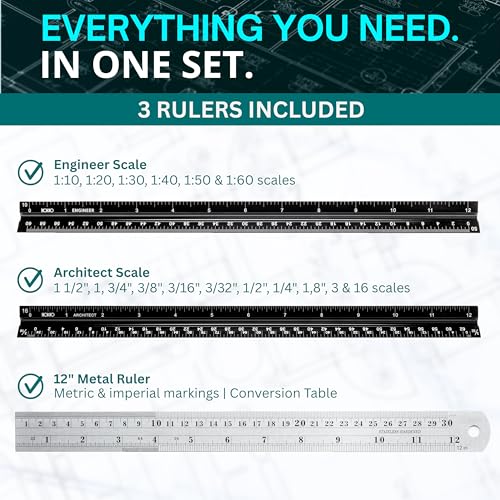 NOKKO Architectural Scale Ruler Set with Engineer Scale and Metal Ruler, 12 Inch Aluminum Drafting Rulers for Blueprints, Engineering Drawings and Floor Plans
