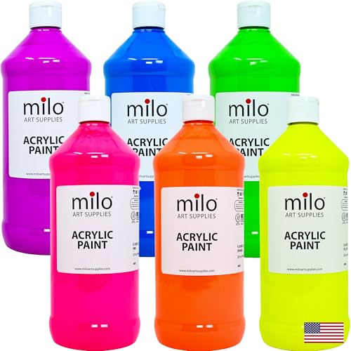 milo Fluorescent Acrylic Paint Set of 6 Colors | 32 oz Bottles | Student Neon Colors Acrylics Painting Pack | Glows UV in Black Light | Non-Toxic Art & Craft Paints for Artists & Hobby Painters | Made in USA - style: Fluorescent Set 6 x 32 oz