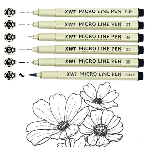 Micro Fineliner Pens 6 Size/Set, Ultra Fine Fineliner Pen, Brush Marker Pen, Water-based Black Pigment Ink, Drawing Journaling Doodle Supplies for Artists, Designers, Students - color: Micro Line Pen-6Pcs Set