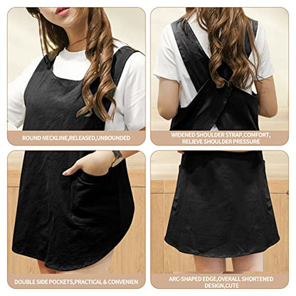 Shortened Design Apron, Japanese Style Soft Cotton Linen Apron with Two Side Pockets, X Cross Halter Aprons, Kitchen Cooking Clothes Present for Women DIY Project, Crafting, Cooking, Baking(Black) - color: Black, style: 1# Style-rounded Edge