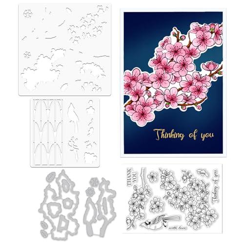 ORIGACH Realistic Winter Plum Blossom Stamps and Dies and Layering Coloring Stencil Set, Silicone Stamps Metal Die Cut and Flower Stencil Template for Card Making Scrapbooking DIY Crafting - color: Plum Blossom