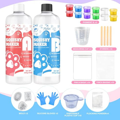 Silicone Gel for Taba Squishy Kit - 36oz Super Soft Silicone Rubber Squishy Maker, Fast Cure DIY Squishy Making Kits with Cat Paw, Taiyaki, Bear Mold, Creative Stress Relieving Gift for Beginners - color: 500+500