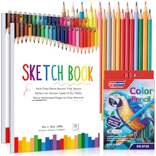 2 Pack Sketch Book with 36 Color Pencil Set, Spiral Kids Sketchbook for Drawing (68lb/100gsm), Acid-Free Sketch Pad for Kids Artist, Art Paper Drawing Supplies for Gifts (9×12 inch) - color: Classic