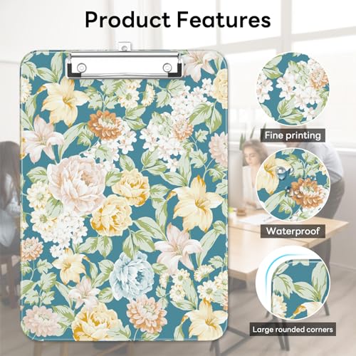 Plastic Cute Clipboard Low-Profile Metal Clip, A4 Letter Size 9 x 12.5 in, 8.5 x 11 Paper Clip Board for Teachers, Nurses, Classroom,Blue Crushed Flower - color: Blue Crushed Flower