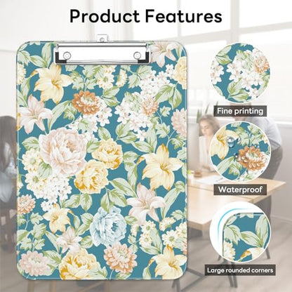 Plastic Cute Clipboard Low-Profile Metal Clip, A4 Letter Size 9 x 12.5 in, 8.5 x 11 Paper Clip Board for Teachers, Nurses, Classroom,Blue Crushed Flower - color: Blue Crushed Flower