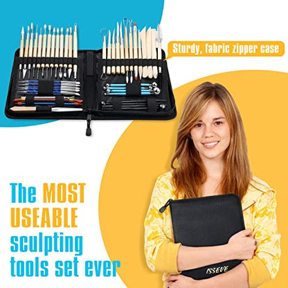 ISSEVE Pottery Clay Sculpting Tools 43Pcs Double Sided Ceramic Clay Carving Tool Set with Upgrade Stand-Up Design Carrying Case for Beginners Professionals School Student Pottery Modeling Smoothing - color: Black Upgrade Stand-up Bag