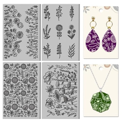 4 Sheets Flowers Pattern Clay Texture Mat Branches Polymer Clay Texture Sheets DIY Tools for Pottery Earring Jewelry Making Stamp Engraving Machines, 3.9x2.6inch - style: Flowers