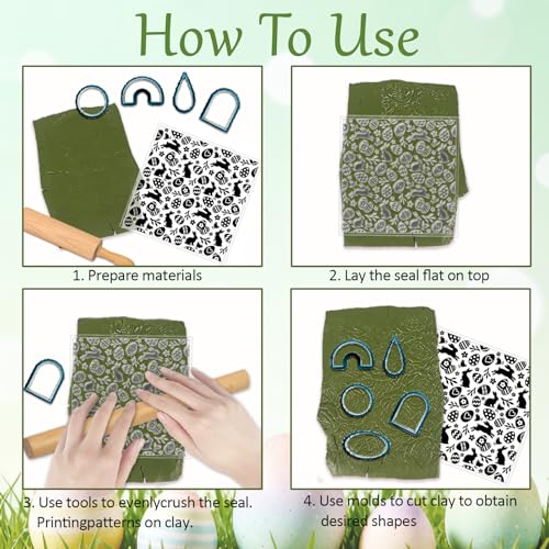 CHGCRAFT 4 Pcs Easter Polymer Clay Texture Sheets Easter Eggs Silicone Texture Stamp Bunnies Clay Texture Mat Chickens Crosses Modeling Pattern Pad for Jewelry and Clay Earrings Tools, 5.5x5.5 inch - style: Easter Eggs