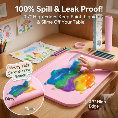 AWOKE 24"x16" Silicone Mats for Crafts with 0.7" High Edges, Large Leak-Proof Art Mat for Playdoh, Resin, Painting, Clay, Slime,Beads, Lego, Puzzle, Non-Stick & Non-Slip Kids Placemats, Pink - color: Pink