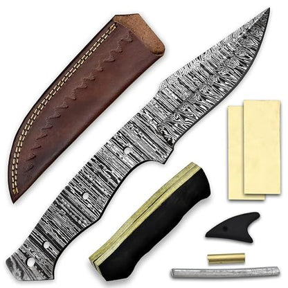 Custom Hand Forged Damascus Steel Blank Blade Knife Making Kit Leather sheath, Pins, Scales, Damascus Blade Billet Knife Making Supply (BK-G) - color: BK-G