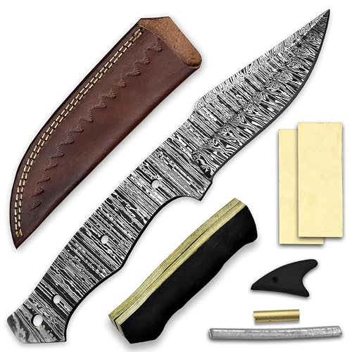 Custom Hand Forged Damascus Steel Blank Blade Knife Making Kit Leather sheath, Pins, Scales, Damascus Blade Billet Knife Making Supply (BK-G) - color: BK-G