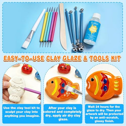 12PCS Dotting Tools Set, Clay Sculpting Tools with Double-Sided Ball Tips & 1.7OZ Air Dry Clay Glaze for Rock Painting, Pottery Embossing, Canvas Drawing & Clay Modeling Kit for Artists and Crafters