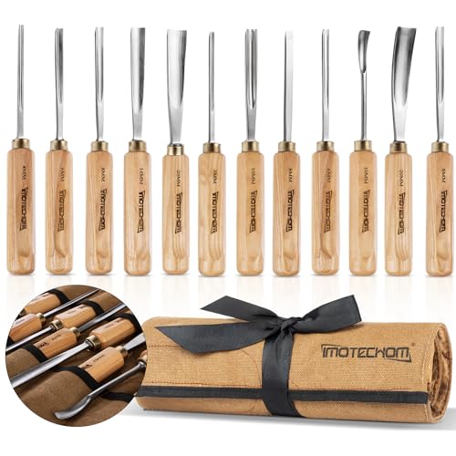 12-Pieces Woodworking Wood Carving Tools Chisel Set with Canvas Bag, Razor Sharp CR-V 60 Steel Blades - size: 12-Pieces with Ash Handle