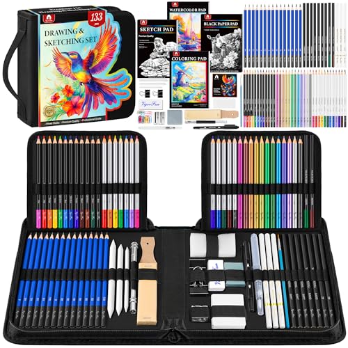 133 PCS Art Supplies Sketching Kit, Pro Drawing Pencils with Sketchbook, Coloring Book, Watercolor Pad, Black Paper Pad, Colored Graphite Charcoal Watercolor & Metallic Pencils for Artists Adults - color: Black, size: 133 Pack