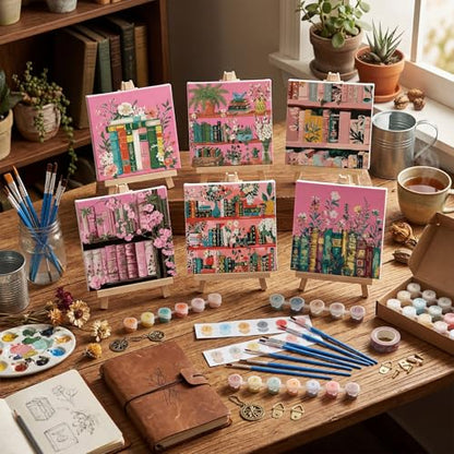 YooNotee 6 Pack Paint by Numbers Kit for Adults Pink Bookshelf Adult Paint by Number Kits for Women on Canvas Book DIY Acrylic Painting on 8x8 Inch Canvas with Wooden Easels & Brushes, Home Wall Decor - style: Bookcase