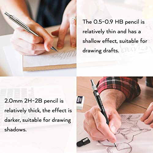 Nicpro 6PCS Art Mechanical Pencil Set, 3PCS Metal Drafting Pencil 0.5 mm & 0.7 mm & 0.9 mm & 3PCS 2mm Graphite Lead Holder (2B HB 2H) For Writing, Sketching Drawing With Lead Refills Case - color: Silver