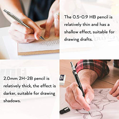 Nicpro 6PCS Art Mechanical Pencil Set, 3PCS Metal Drafting Pencil 0.5 mm & 0.7 mm & 0.9 mm & 3PCS 2mm Graphite Lead Holder (2B HB 2H) For Writing, Sketching Drawing With Lead Refills Case - color: Silver