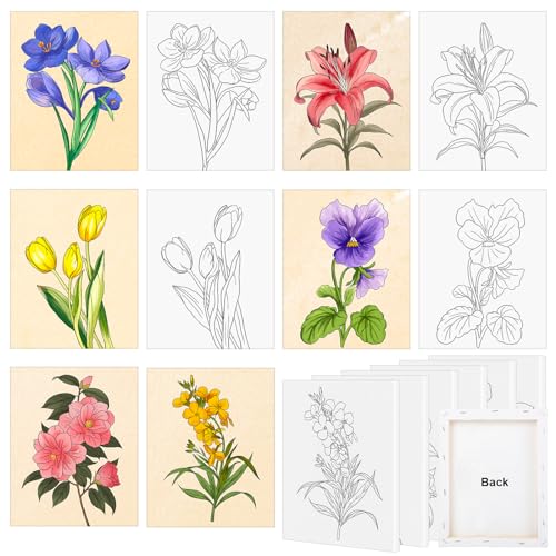 COCHIE 6 Pack 8x10 Inches Flower Pre Drawn Canvas to Paint for Sip and Paint Party, Pre Printed Framed Canvases Set, Floral Tulip Violet Pre Sketched Canvas for Painting for Adults Kids - style: Flower