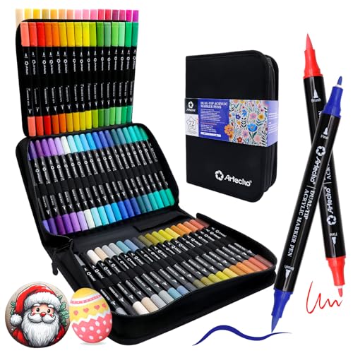Artecho Acrylic Paint Markers 72 Colors with Bag, Acrylic Paint Pens with Brush Tip and Fine Tip for Stone, Rock Painting, Paper, Pumpkin, Wood, Egg, Canvas, Ceramic, Fabric, leather, Glass - color: 72 Colors