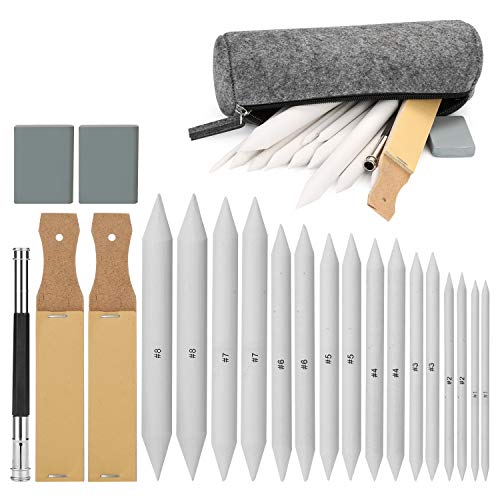 AGPTEK 22 PCS Sketch Drawing Tools, 16 Blending Stumps Set with 2 Sandpaper Pencil Sharpeners, 1 Pencil Extension Tool, 2 Erasers & 1 Felt Bag for Student Sketch Drawing Accessories