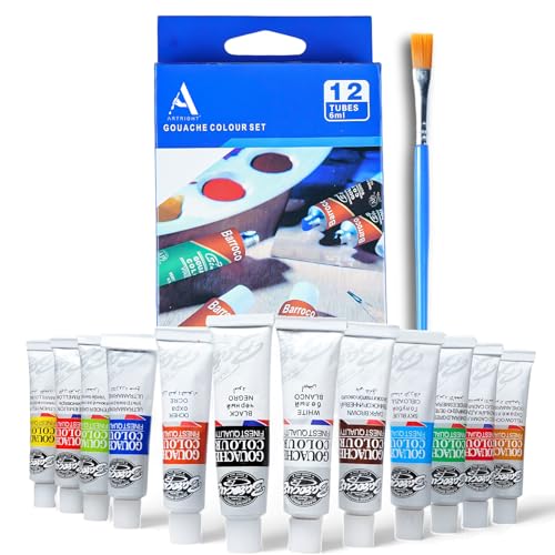 12 x 6ml Gouache Paint Set with 1 Free Paint Brush - 12 Acid-Free, Non-Toxic Multicolored Artists' Gouache Colors for Mixed Media Painting (6ml, 0.2oz) - color: Gouache 6ml x 12
